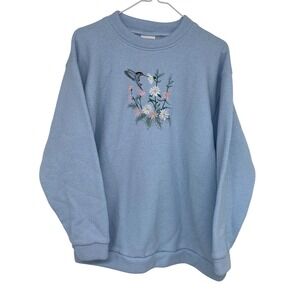 Vintage 90s Womens Embroidered Crewneck Sweatshirt Blue Large Hummingbird Flower